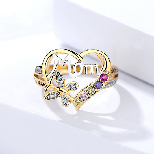 Mother'S Day Gift Hollow Heart English Letter Love Mom Rhinestone Butterfly Finger Ring Jewelry Gift